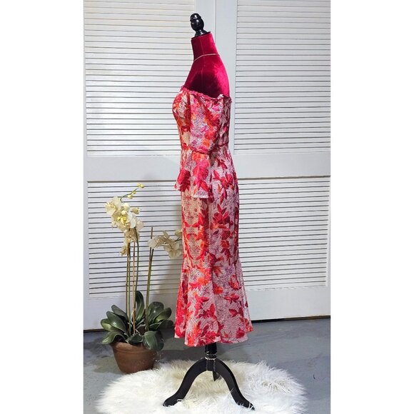 Marchesa Notte Women Red Pink Embroidery Tea Length Dress Off Shoulder Sz 6 2569 - Picture 11 of 16